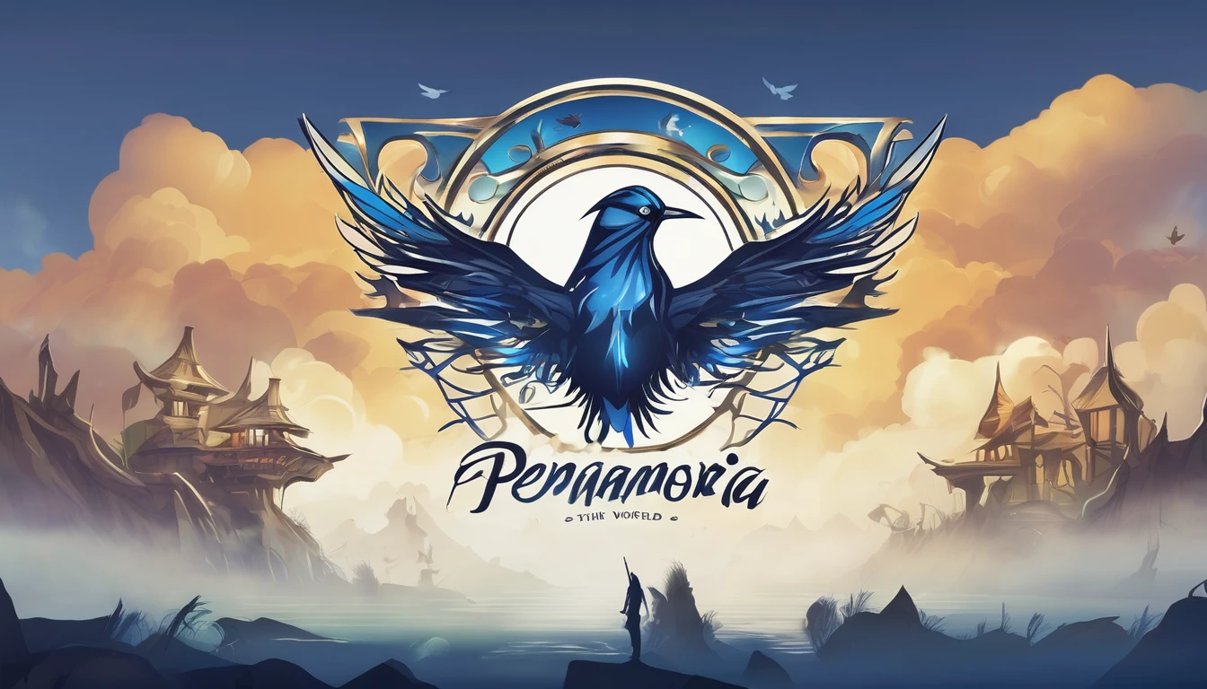 Create a minimalistic, simple, fantastic, easy to understand, logo design in a Youtube Banner for an upcoming Role Playing Game called " Penamemoria". The game is about a world of bird and feathers. A boy enters that world and discovers his true artistic identity. Create a logo design that transmits the essence of this videogame. It´s a fantasy game, with fantasy elements. Create the logo in the center and a fantasy theme as background. Use the colours blue, white, yellow in the logo.