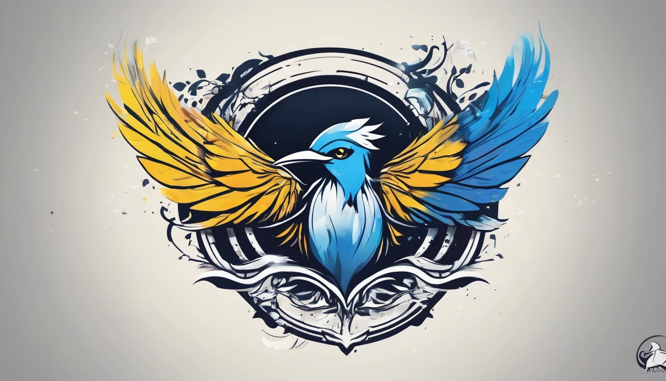 Create a minimalistic, simple, fantastic, easy to understand, logo design in a Youtube Banner for an upcoming Role Playing Game called " Penamemoria". The game is about a world of bird and feathers. A boy enters that world and discovers his true artistic identity. Create a logo design that transmits the essence of this videogame. It´s a fantasy game, with fantasy elements. Create the logo in the center and a fantasy theme as background. Use the colours blue, white, yellow in the logo.