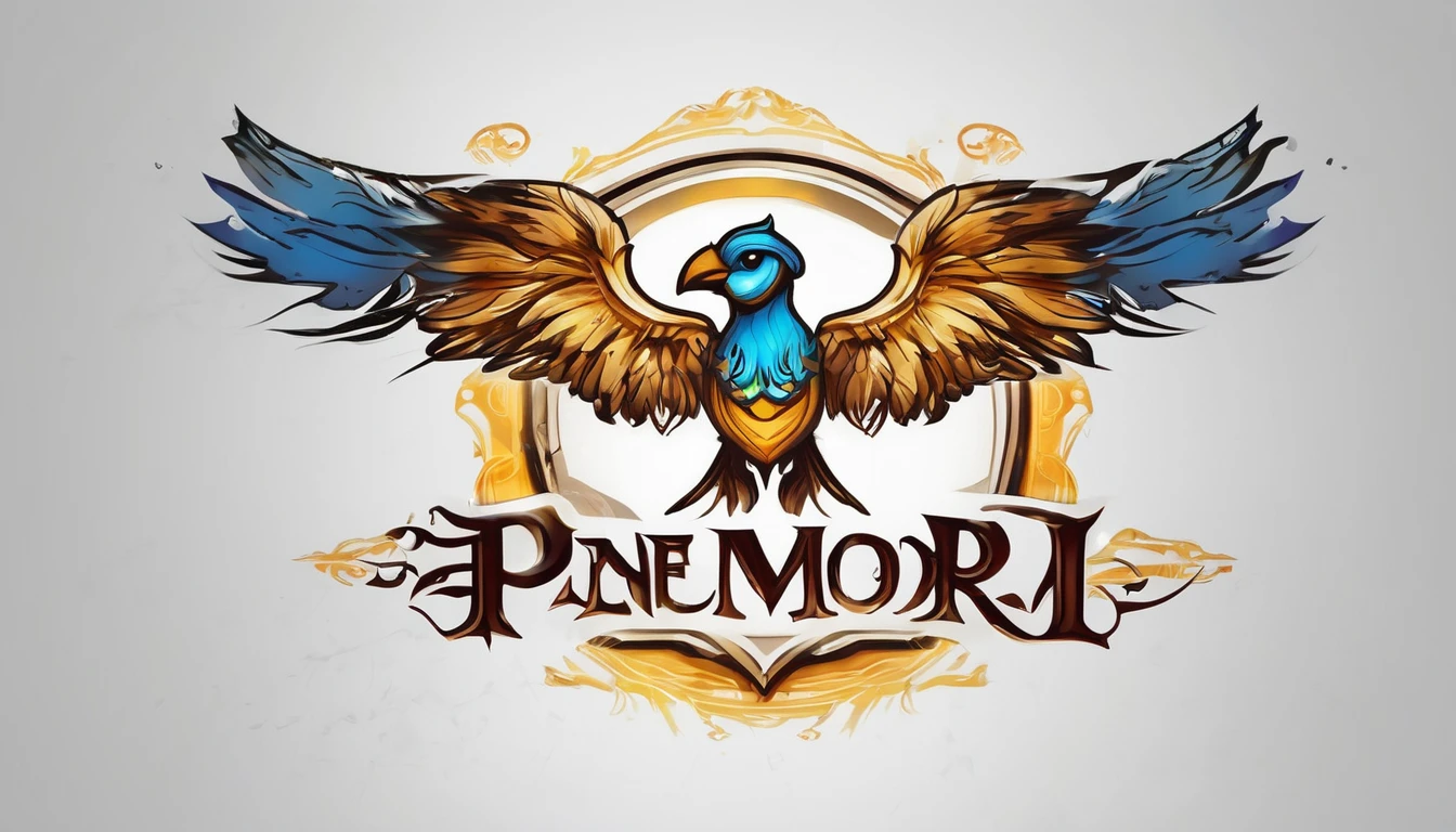 Create a minimalistic, simple, fantastic, easy to understand, logo design in a Youtube Banner for an upcoming Role Playing Game called " Penamemoria". The game is about a world of bird and feathers. A boy enters that world and discovers his true artistic identity. Create a logo design that transmits the essence of this videogame. It´s a fantasy game, with fantasy elements. Create the logo in the center and a fantasy theme as background. Use the colours blue, white, yellow in the logo.