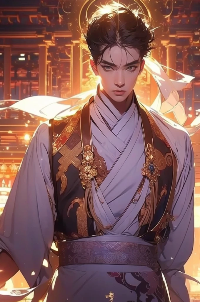a man in a white robe, young and handsome man, ponytail, waist-length hair, ancient Chinese clothing, qi, a huge saber, ancient Chinese buildings in the background, night, powerful character, purple rays, a beautiful landscape. Detailed face, thick eyebrows, black eyes, 8k, robe embroidered with gold edges, detailed clothing, xianxia, world of cultivation. ((upper body))