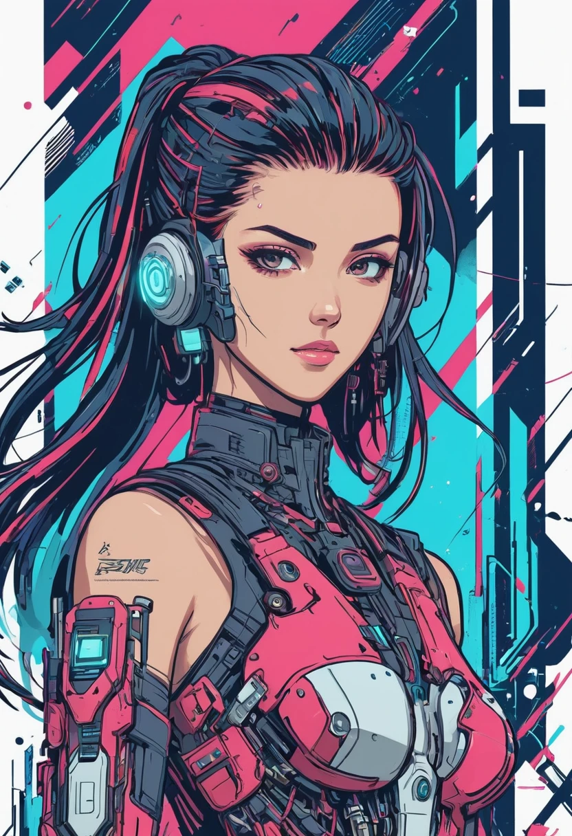 A charming cyberpunk anime girl, intricate ink line art, vibrant vector illustration, bold strokes, glitch art elements, flat color palette, dynamic key visual, technical schematics, minimalist linework, masterpiece