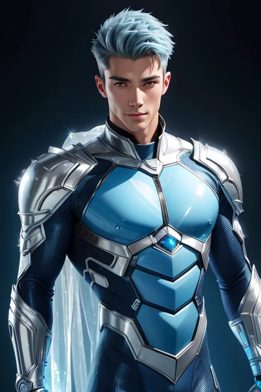 Half body focus photorealistic handsome hunky fractal masculine Polar Boy.. wearing a ice blue and silver  transparent crystal chrome glass super suit , look at camera, detailed face parts,, studio as background, Freestyle Pose, Happy Expression, perfect anatomy, symmetric body,, 18 years old,  :: high detail, a lean athletic body, realistic, human skin, extremely detailed fingers,  chad chin,, masculine, human skin, (eyes contact), gorgeous, Attractive. super bulges