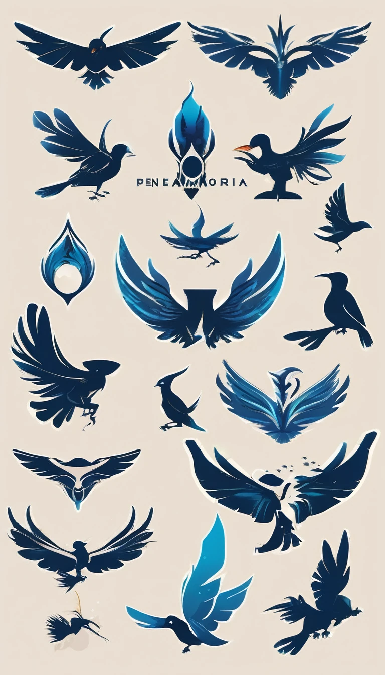 Create a minimalistic, simple, fantastic, easy to understand, logo design for an upcoming Fantasy Role Playing Game called " Penamemoria". The game is about a world full of bird and feathers. A boy enters that world and discovers his true artistic identity. Create a logo design that transmits the essence of this videogame. It´s a fantasy game, with fantasy elements. Create the logo in the center and a fantasy theme as background. Use the colours blue, white, yellow in the logo. The logo design must convey a sense of fantasy, dreams and music. Must convey a feeling of being a true Dreamer