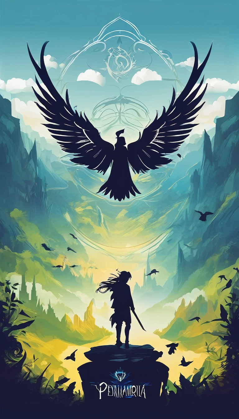 Create a minimalistic, simple, fantastic, easy to understand, logo design for an upcoming Fantasy Role Playing Game called " Penamemoria". The game is about a world full of bird and feathers. A boy enters that world and discovers his true artistic identity. Create a logo design that transmits the essence of this videogame. It´s a fantasy game, with fantasy elements. Create the logo in the center and a fantasy theme as background. Use the colours blue, white, yellow in the logo. The logo design must convey a sense of fantasy, dreams and music. Must convey a feeling of being a true Dreamer