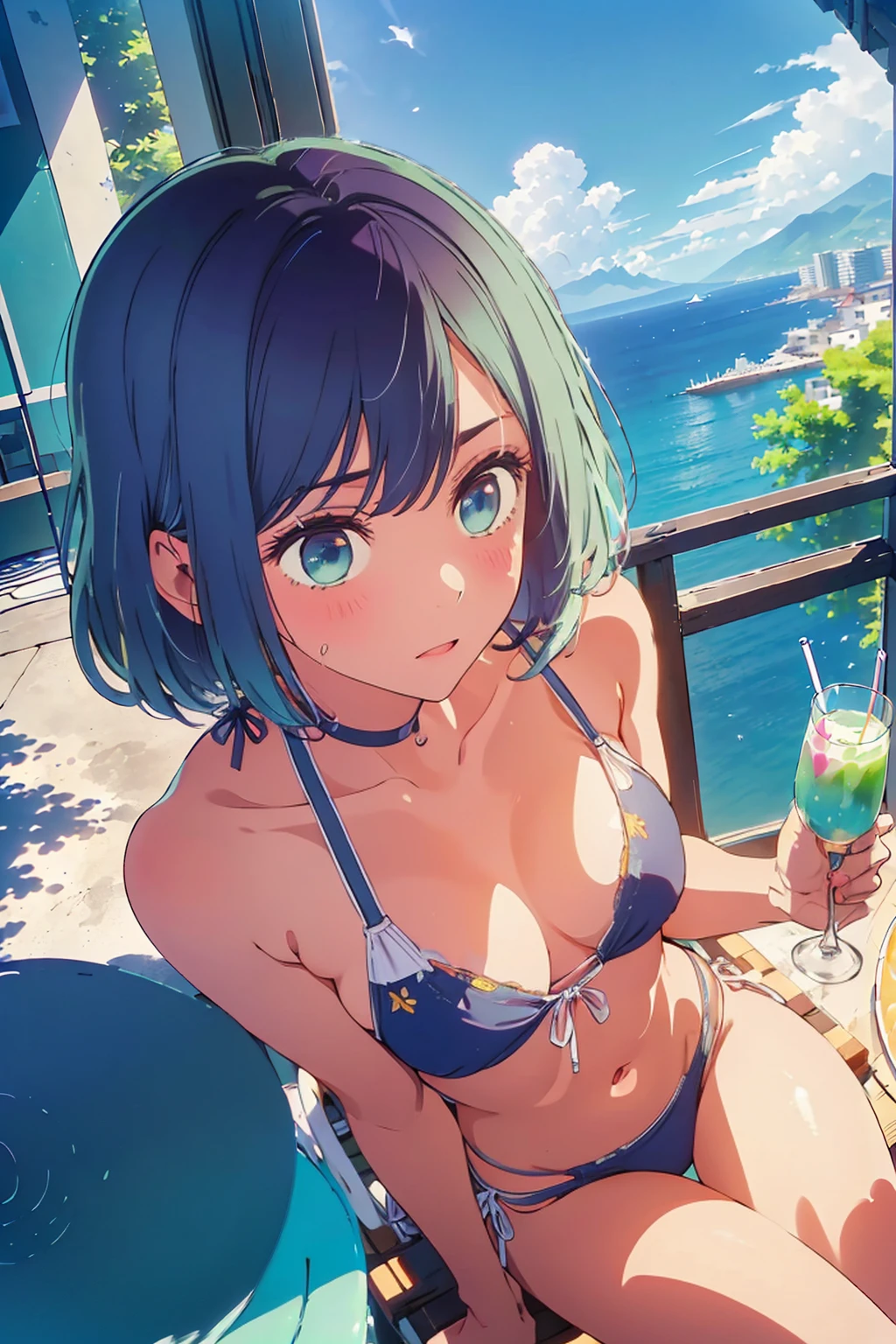 (Highest quality:1.4、8K:1.4、detailed)、F cup bust、Big Breasts、Slim body、Very white beautiful skin、((((1 person、Surprised expression、sit、Chair、In the background are the urban buildings of Tokyo、looking at the camera、Outdoor café terrace、coastal、Navy hair color、juice、White side string high leg bikini、Shooting up close、Photographed from diagonally above、table、Very cute face))))、(Waving:1.4)、Very blue sky、A completely cloudless sky