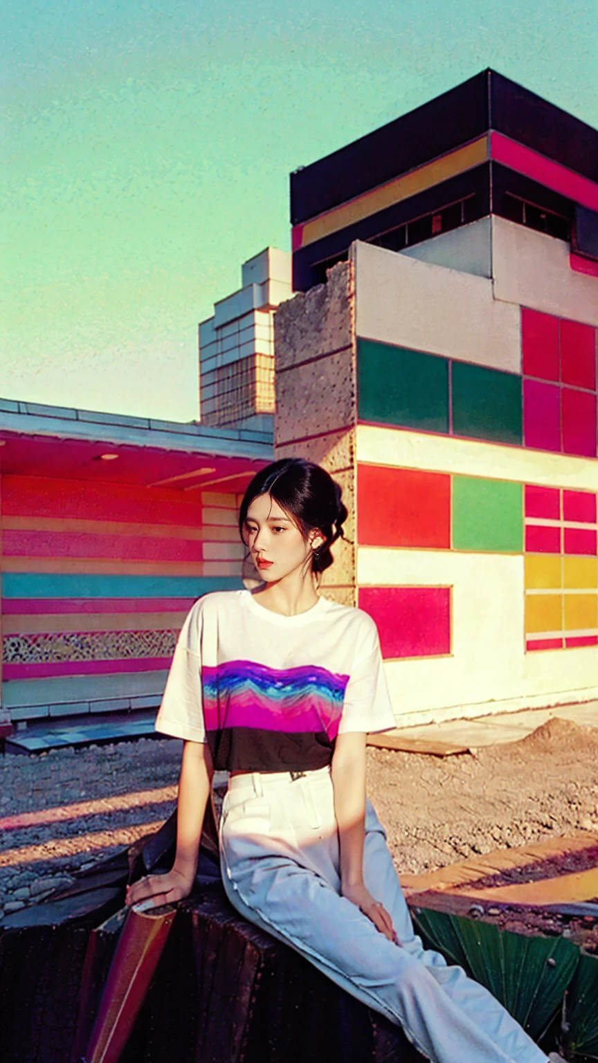 Best Quality,Masterpiece,Ultra High Resolution,(Realisticity:1.4),Original Photo, 1Girl, light leak,dark intens shadow,wear blank white untucked t-shirt,black bob hairstyles background (80's mondrian architecture colourful motel),palm trees,sunny,summer, los Angles vibes