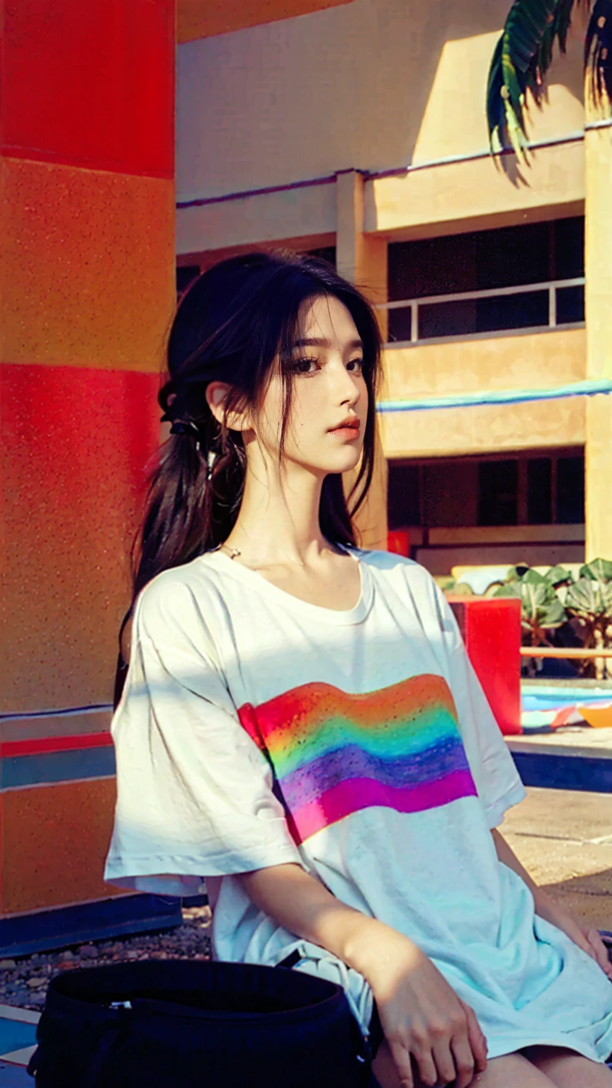 Best Quality,Masterpiece,Ultra High Resolution,(Realisticity:1.4),Original Photo, 1Girl, light leak,dark intens shadow,wear blank white untucked t-shirt,black bob hairstyles background (80's mondrian architecture colourful motel),palm trees,sunny,summer, los Angles vibes