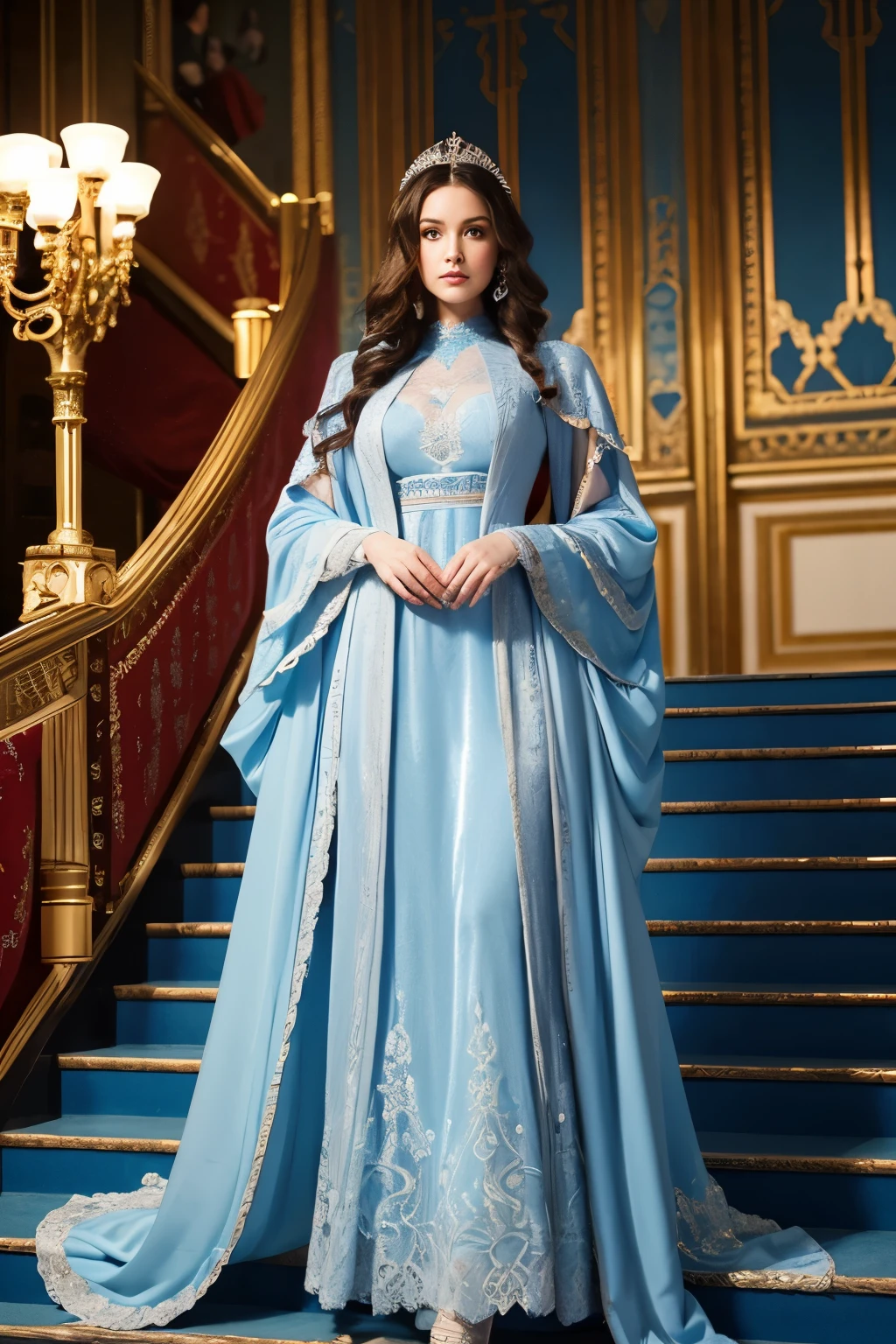 Beautiful woman standing on stairs wearing light blue dress, fantasy long intricate outerwear, long outerwear, wearing an evening outerwear, From the Victorian nobility, wearing long outerwear, long luxurious outerwear, Chassis, wearing a fantasy suit, outerwear, velvet with lace outerwear, royal elegant pose, Elegant Gothic princess, 