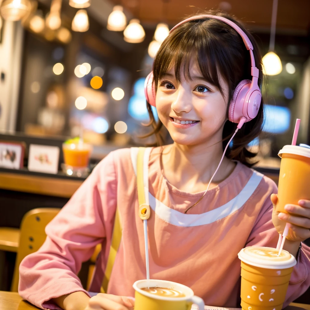 Looking straight ahead and smiling, Ultra HD、128k、Masterpiece、Cute little kindergarten girl studying in a coffee shop while listening to music on headphones、orange juice, clavicle, RAW Photo、A girl with big eyes wearing light pink clothes、Hands on headphones, Warm lighting、Beautiful night view、Japanese anime style, Smile