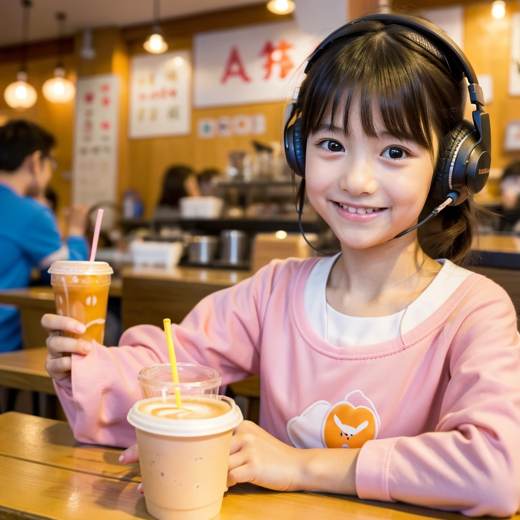 Looking straight ahead and smiling, Ultra HD、128k、Masterpiece、Cute little kindergarten girl studying in a coffee shop while listening to music on headphones、orange juice, clavicle, RAW Photo、A girl with big eyes wearing light pink clothes、Hands on headphones, Warm lighting、Beautiful night view、Japanese anime style, Smile