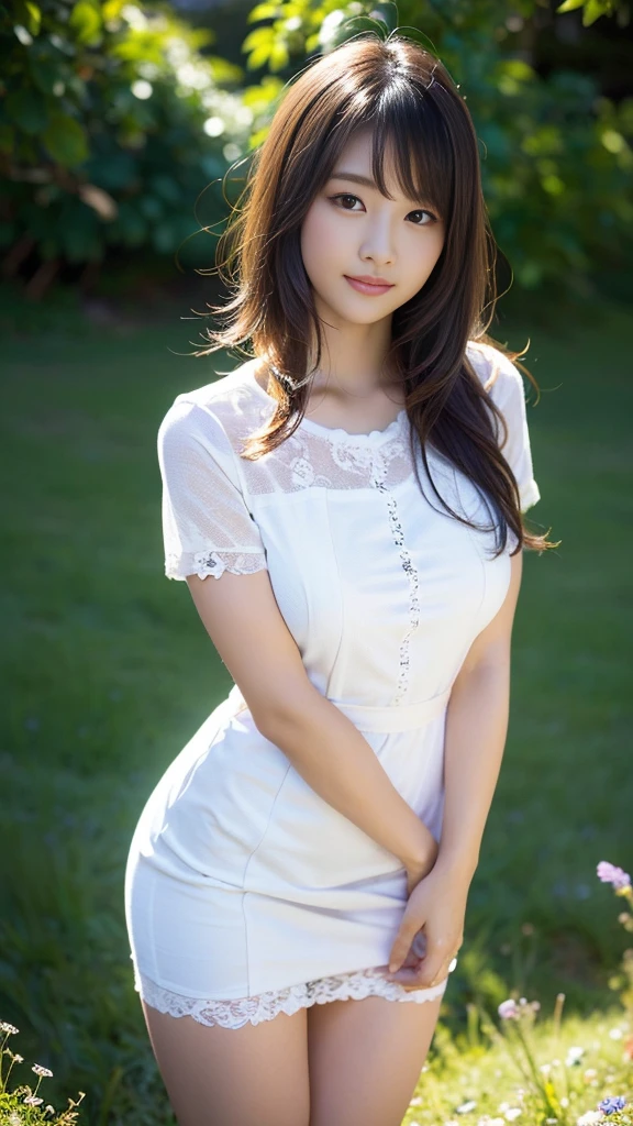 masterpiece, Highest quality,16K, Ultra-high resolution,The light and shadow of reality,Cinema Lenses,(Very skinny),(Very firm, large, well-shaped, beautiful breasts),((Her skin is as white and beautiful as snow)),((Very slim and pure white beautiful thighs)),((Her waist is so slim and beautiful)),((She has outstanding style)),(Pure white beautiful skin),((Beautiful, clear, large double eyelids)),((Her face is very small)),((Cute Japanese Girls)),((She is wearing a pure white short-sleeved lace dress.)),((She is in a beautiful meadow)),(Sexy pose),(Beautiful Eyes:1.1),Reflecting clear eyes and a gentle smile,