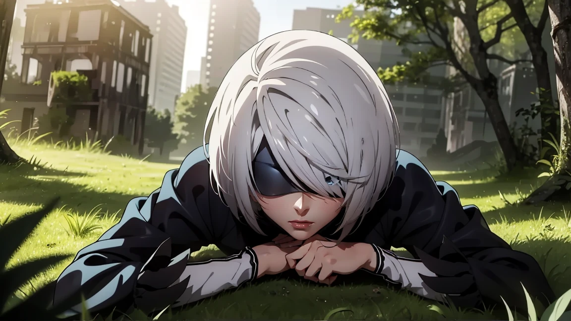 Portrait of a girl, face close to the camera, face close up, lying on the grass, Lying on his back, covers his chest, pov angle, face close up (very detailed eyes, pupils, Lips 1.1), face close, blindfold, gloomy composition, gloomy background, the forest, ruins covered with moss, Tall trees, nature, the lights of a sun, very detailed. stands in a fighting pose, fighting stance, in battle, gloomy composition, gloomy room, Gloomy atmosphere, very detailed eyes, grey-blue eyes, beautiful figure, ruin, ruined city, very detailed eyes, beautiful figure, Lucy from the anime series 1 girl, facing the viewer, beautiful figure (Correct anatomy 1.1.), full length (Full body 1.1), slim, a slim body, a slim body, slender legs, anime style, White hair, White hair, that disappear at the ends, bob haircut, Cutouts on the shoulders, Cutouts on the chest, Neckline at the waist, Black Stockings, Black short skirt, white panties, very detailed face, very beautiful face, very sexy, full length (Full body 1.1), маленькая elastic грудь, small ass, Красивая a slim body, Small buttocks, world, Femininity,chedevr,Best quality,very detailed,Visible to your feet, permission 8k, high sharpness, permission 8k, very detailed, 8k contract, professional lighting, photon mapping,physical rendering, perfect face, Detailed face and body, ray tracing, expressive look, Cinmatic worlding,elastic , Increased sexuality,