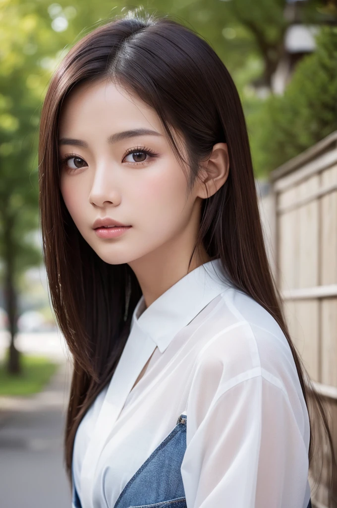 (Best Quality, 8k, 32k, masterpiece, Ultra-high resolution:1.3),Photos of attractive Japanese women, One girl,(Transparent shirt:1.1), Abdominal muscles, Perfect body, Highly detailed face, Detailed lips, Fine grain, double eyelid, ((Best Quality, 8k, masterpiece :1.3)), Sharp focus :1.2, Beautiful woman with perfect figure :1.4, Slim abdominal muscles :1.2, ((Dark brown hair)), (Please wear a white buttoned shirt, Jean :1.1), City streets:1.2, Highly detailed face and skin texture, Fine grain, double eyelid,Close-up of a woman in a kimono dress posing for a photo, Japanese Goddess, Japanese Model, In kimono, Japanese, Asian Girl, Japanese women, Beautiful Asian Girl, Russian and Japanese mix,looking at the camera, Korian Girl, Idle, cute, beautiful
