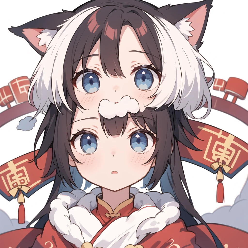 1 girl, head, ((White background, Red Cliff)), expression, tingyun, Cat Ear Girl,((银色head发)),blue eyes