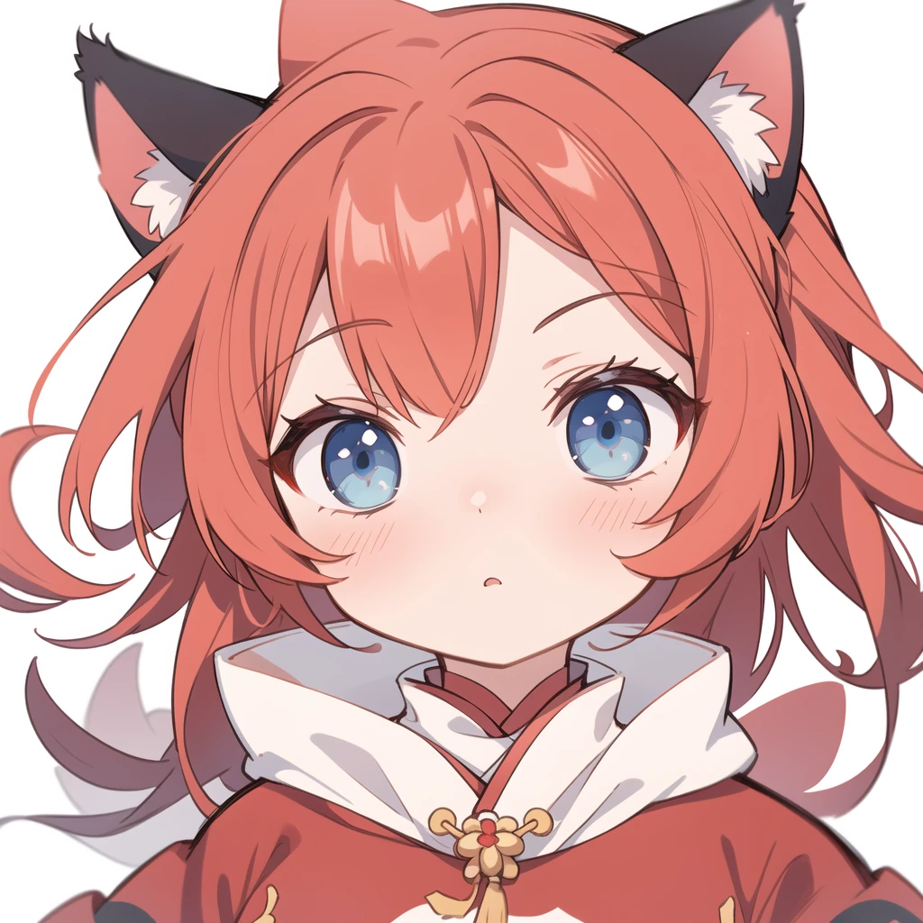 1 girl, head, ((White background, Red Cliff)), expression, tingyun, Cat Ear Girl，((银色head发)),blue eyes