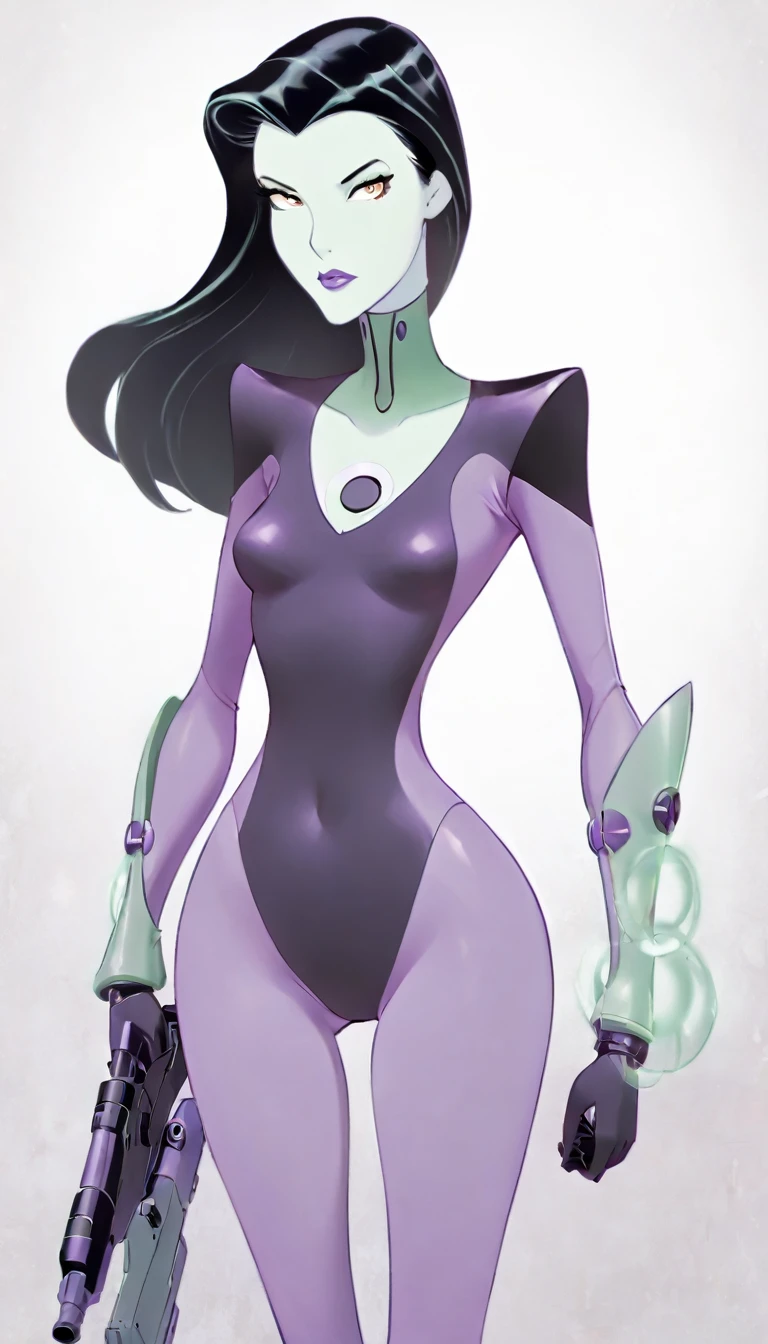 cartoon thin woman, long neck, long black hair, pale green skin, wearing a v-neck purple sci-fi body suit .. she is armed with an wrist gauntlet cannon and a lazer pistor.on her suit by her waist are some small gray circles