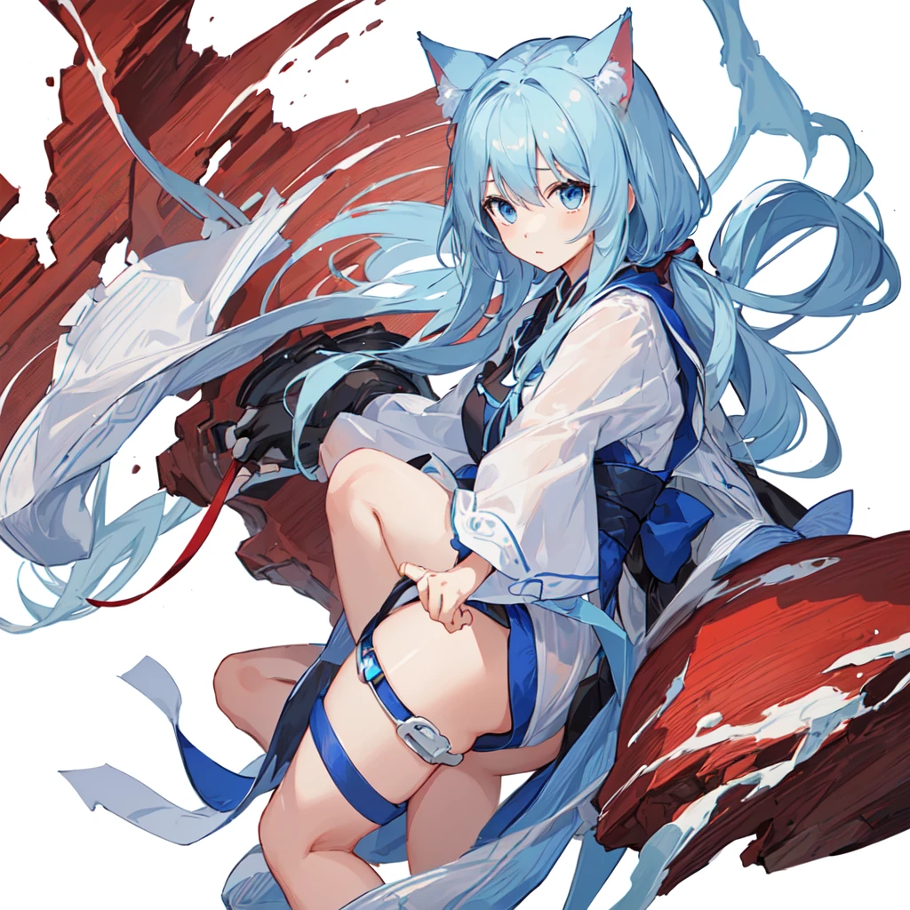 1 girl, head, ((White background, Red Cliff)), expression, tingyun, Cat Ear Girl,((银色head发)),blue eyes
