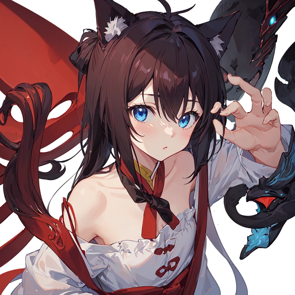 1 girl, head, ((White background, Red Cliff)), expression, tingyun, Cat Ear Girl，((银色head发)),blue eyes