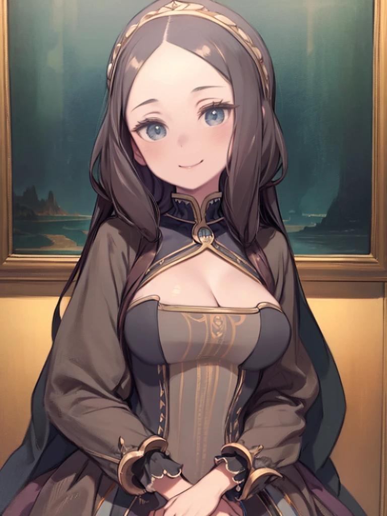 One Mature Woman、Mona Lisa、Mona Lisa、Smiling、Black Costume、Watching the audience、Join hands、(Big Breasts)、Cleavage、Empty chest、