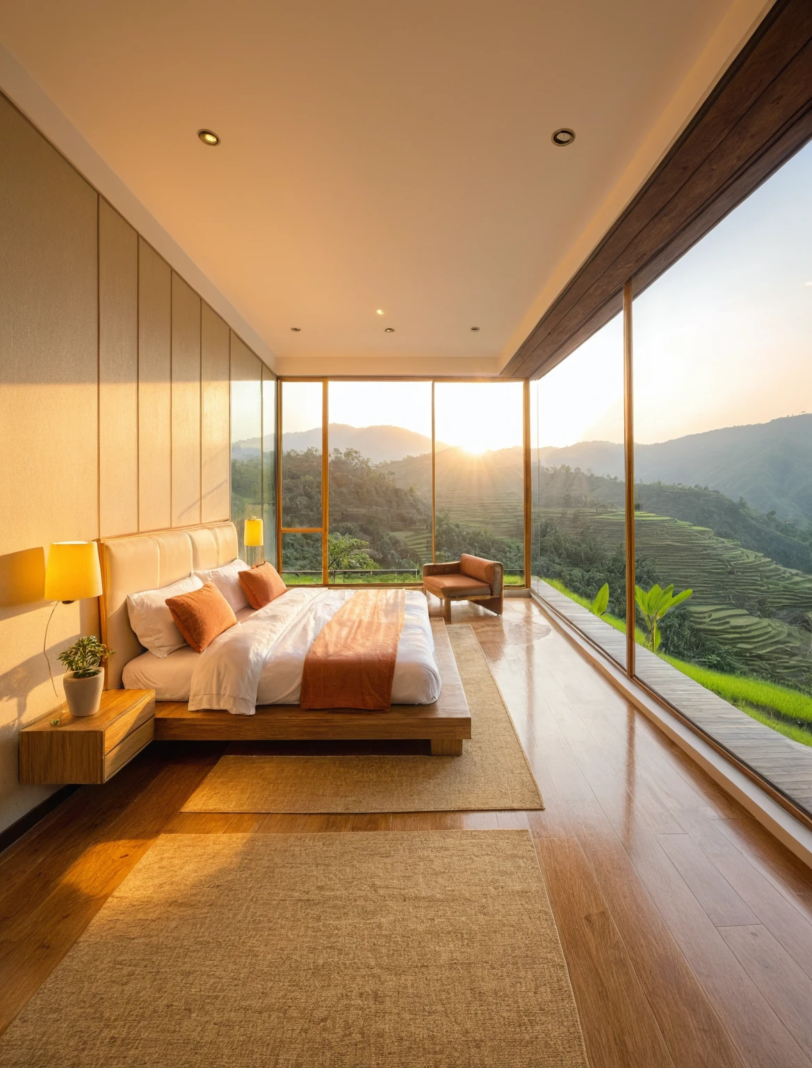 Raw photo,Masterpiece, high quality, best quality, authentic, super detail, interior, indoors, bedroom , view Mu Cang Chai's rice terraces  , sunset, day light, bed, lamp, carpet, bedside cabinets, flower vase, wooden floor ,glass windows, downlight, armchair , golden ripe rice, (terraces)