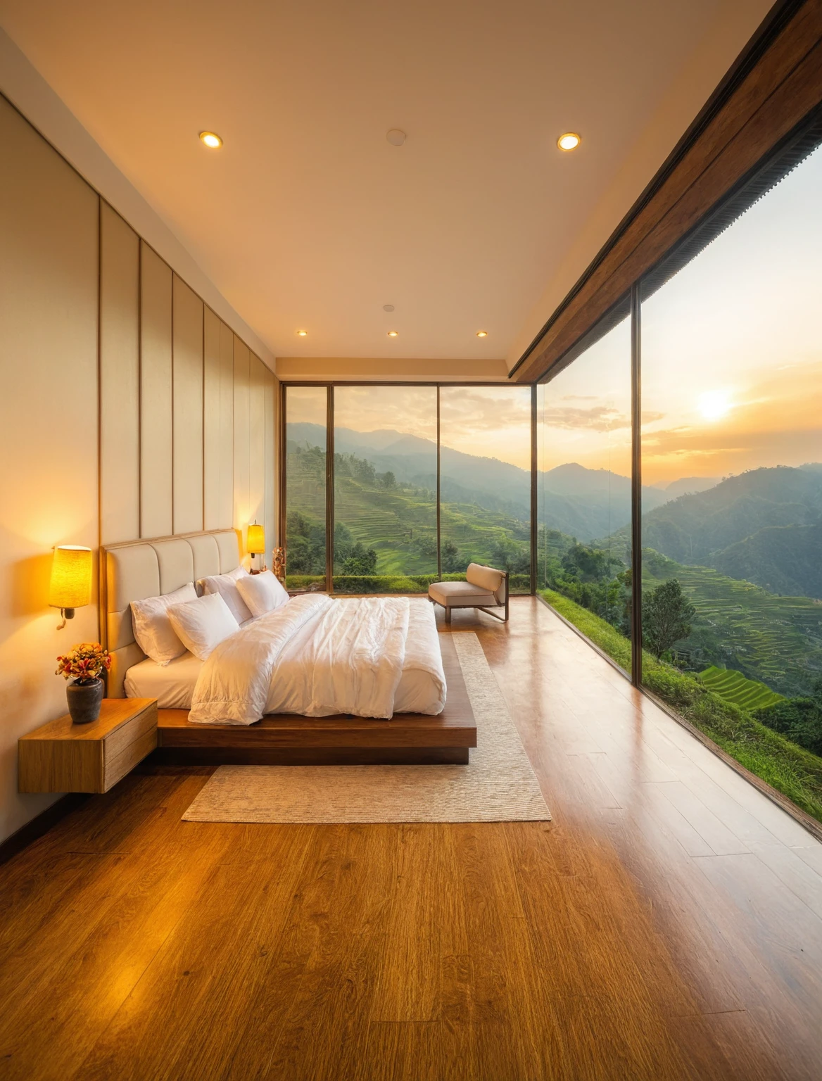 Raw photo,Masterpiece, high quality, best quality, authentic, super detail, interior, indoors, bedroom , view Mu Cang Chai's rice terraces  , sunset, day light, bed, lamp, carpet, bedside cabinets, flower vase, wooden floor ,glass windows, downlight, armchair , golden ripe rice, (terraces)