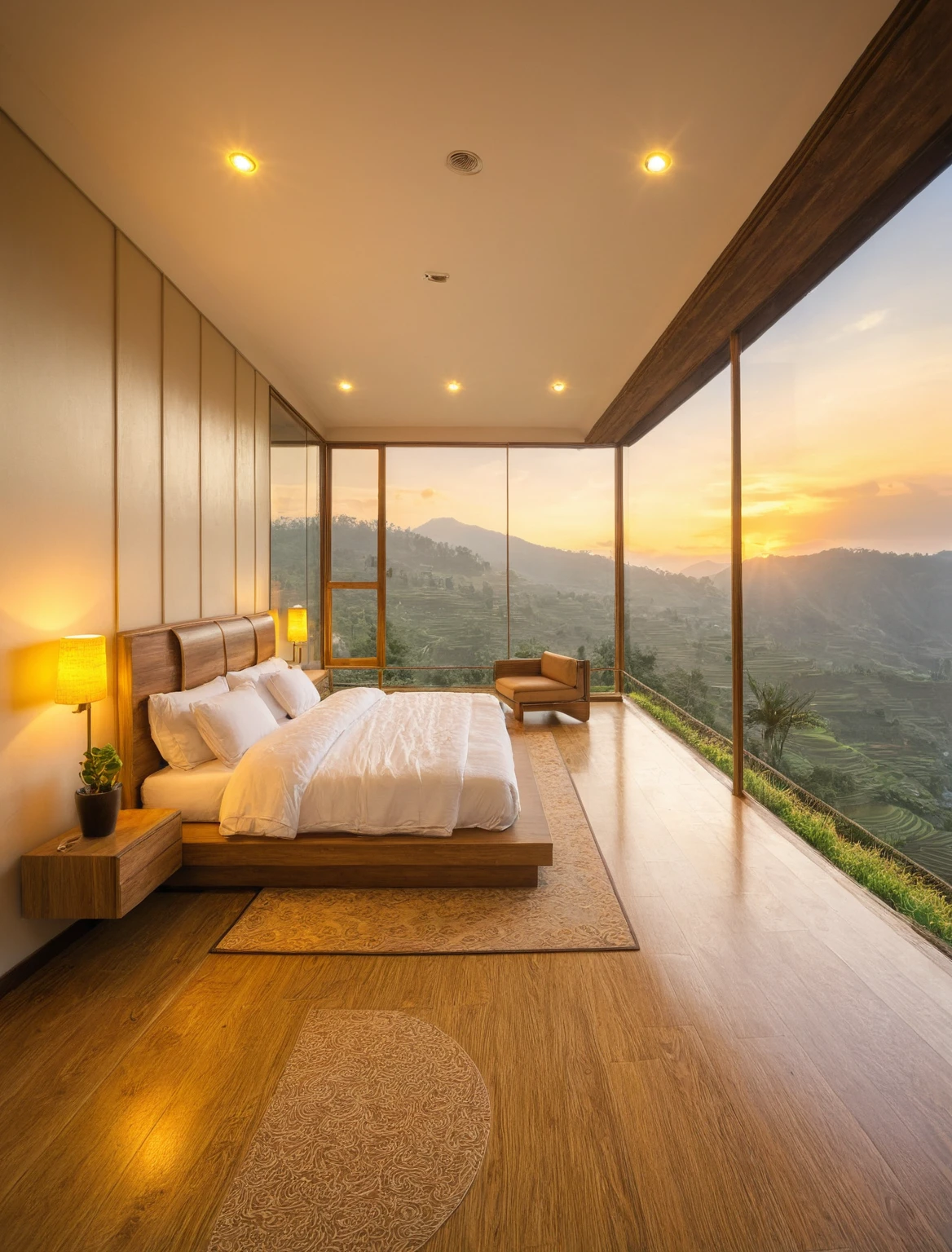 Raw photo,Masterpiece, high quality, best quality, authentic, super detail, interior, indoors, bedroom , view Mu Cang Chai's rice terraces  , sunset, day light, bed, lamp, carpet, bedside cabinets, flower vase, wooden floor ,glass windows, downlight, armchair , golden ripe rice, (terraces)