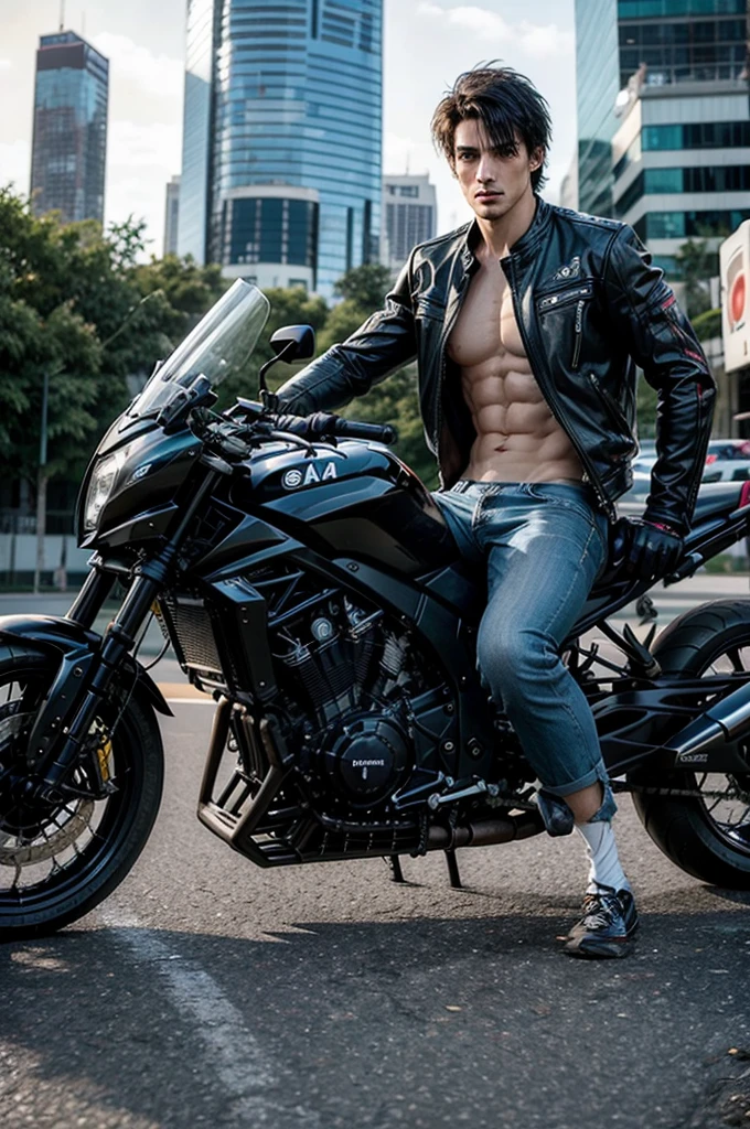 man, motociclista y model, tall and muscular body, with short black hair, model, whole body.