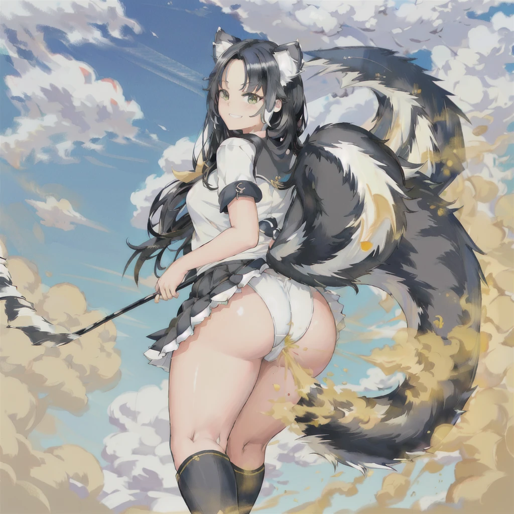 masterpiece, highest quality, (fart, farting, Yellow gas, 顔farting:1.3), ((お尻からのfart)), Grinning mischievously, yellow smoke, ((big butt)), Bare thigh, (((skunk girl))), black hair, (((skunk tail))), (((big tail))), Tail inside skirt, (Skirt tail), animal ears, Sailor, blue skirt, white panties