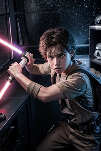 Star wars poster with a boy with two lightsabers, one purple and one white in a fight against a sid