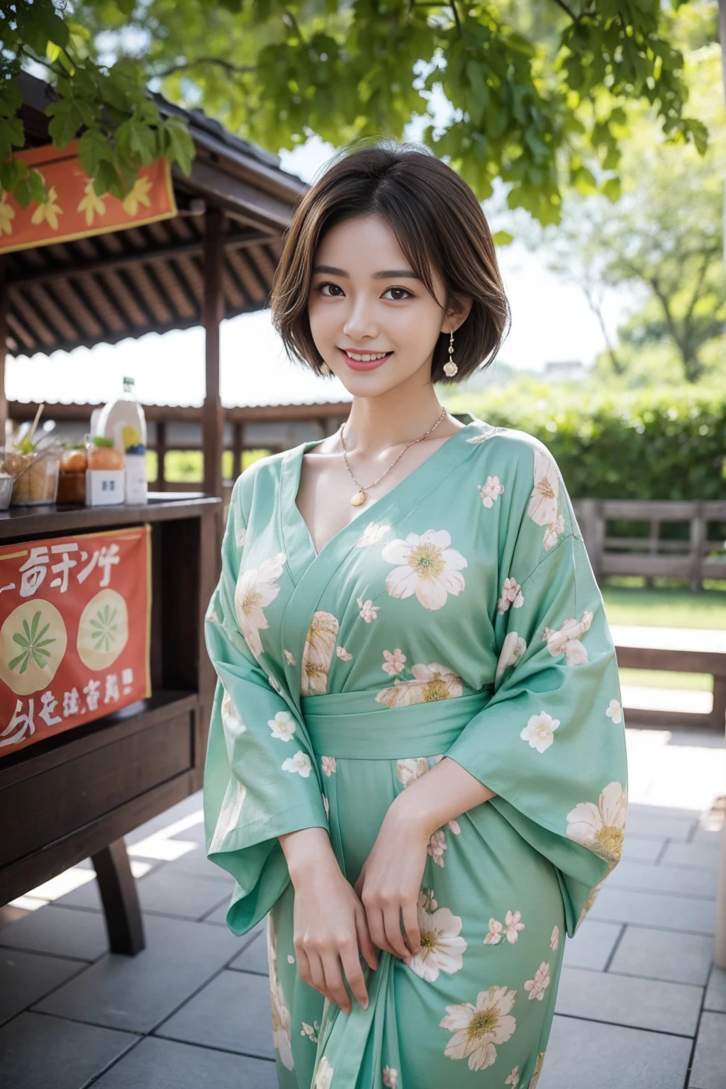 Highest quality,8K, Detailed facial depiction, Detailed description of the eyes,One Woman, Light brown hair(Short Hair),Beautiful Japanese Girl,24-years-old,Cute eyes,Cute Smile,Yukata beauty,Yukata with green floral pattern,Slender body, Large, plump breast size, Long and beautiful legs,Smiling, Colorful earrings,necklace,Are standing,Beautiful nape,Summer festival,There are food stalls