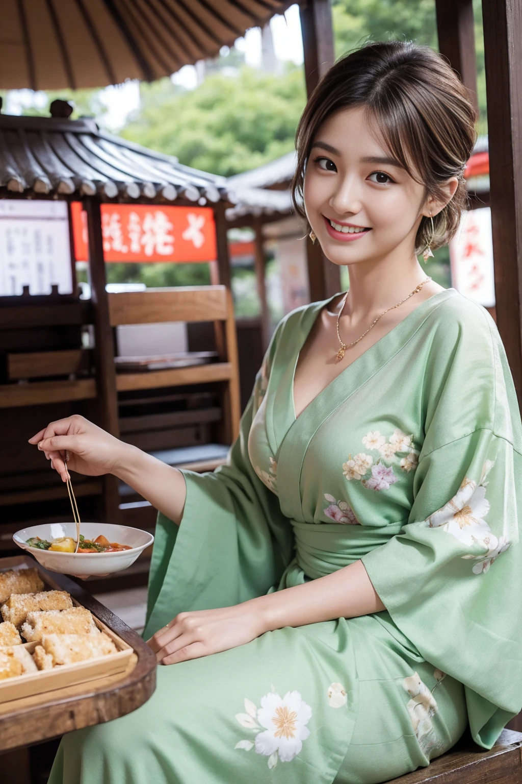 Highest quality,8K, Detailed facial depiction, Detailed description of the eyes,One Woman, Light brown hair(Short Hair),Beautiful Japanese Girl,24-years-old,Cute eyes,Cute Smile,Yukata beauty,Yukata with green floral pattern,Slender body, Large, plump breast size, Long and beautiful legs,Smiling, Colorful earrings,necklace,Are standing,Beautiful nape,Summer festival,There are food stalls