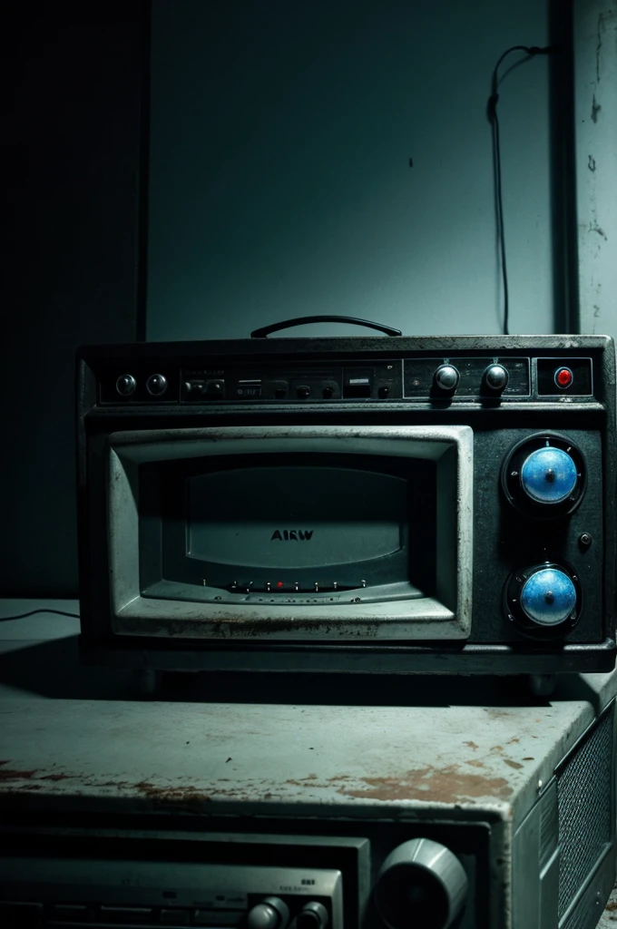 A radio in a dark room. The light is so dull and bluish. A pair of creepy bloody eyes glowing behind the radio. a slight blood on the radio. There is no one in the room
