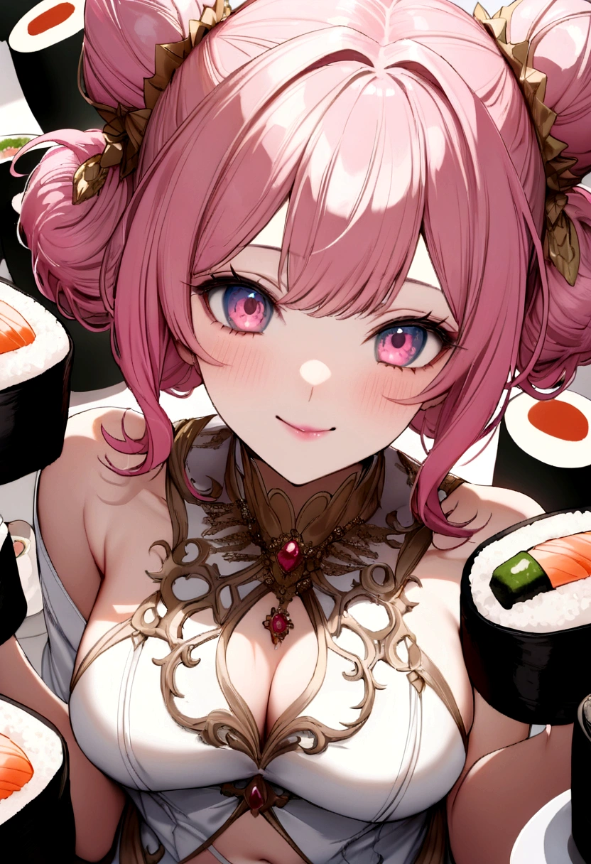 (((Luxurious and most luxurious sushi))),photograph, high quality、((masterpiece))、(((最high quality)))、((Super detailed))、 {Detailed and beautiful eyes}, finely,  Detailed and beautiful eyes,1 Girl, (alone:1.5),  (Hair Ribbon:0.4), Pink Eyes,Cinematic Angles,perspective,(((White bun hair))),(((Long pink hair))),smile、