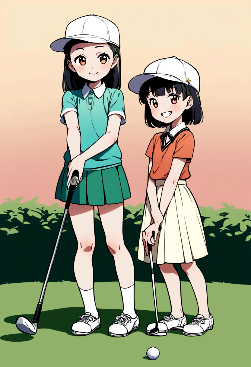 (high quality)、(High resolution)、Two elementary school girls playing golf,Golf club,cap,No makeup,,smile,front,whole body,cute,Beautiful teeth alignment