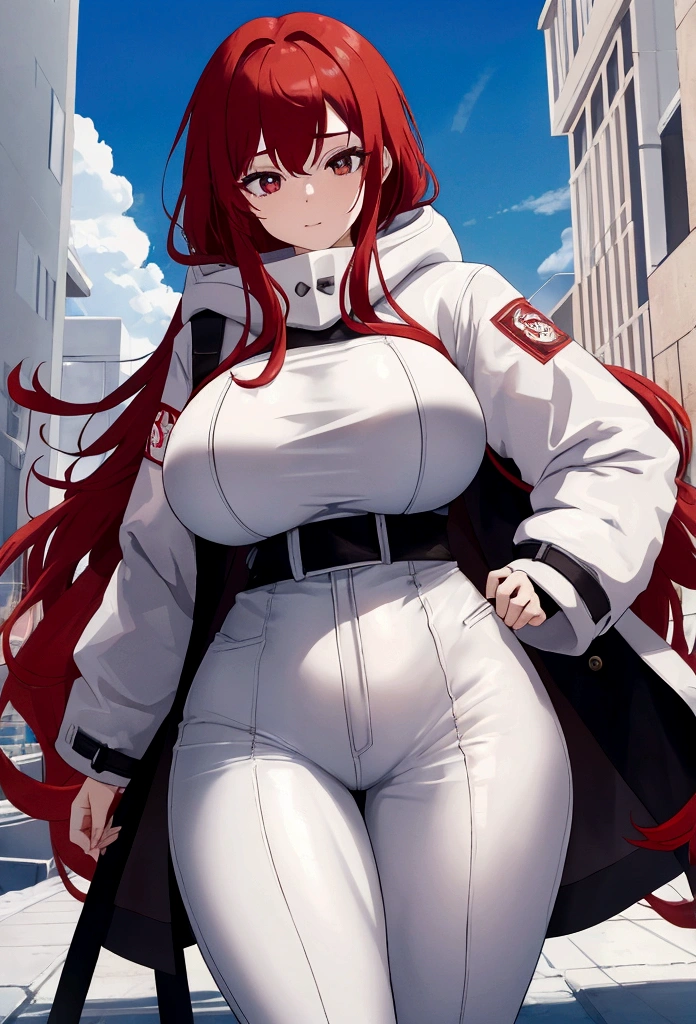 My name is Hikaru, I am a white test woman with long red hair and black eyes. I am 1.60cm tall and weigh 46kg. My breast sizes are 300 cm, my waist is 60 cm and my hips are 200 cm. Dressed in a long black tight coat, a winter jacket with a hood and warm pants. With big breasts 300 cm