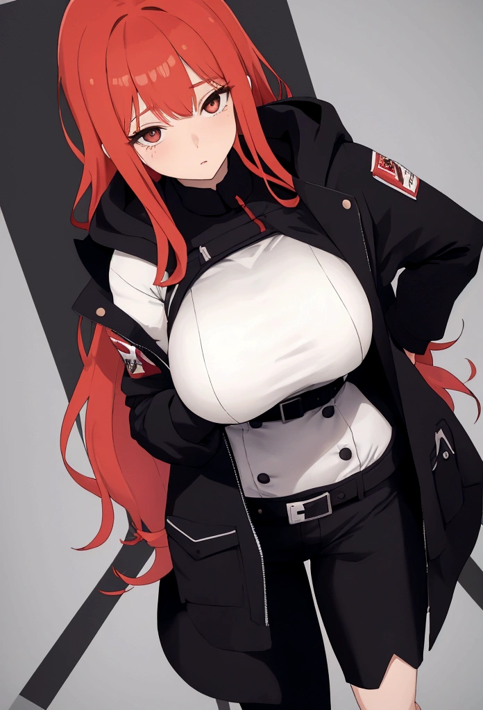 My name is Hikaru, I am a white test woman with long red hair and black eyes. I am 1.60cm tall and weigh 46kg. My breast sizes are 300 cm, my waist is 60 cm and my hips are 200 cm. Dressed in a long black tight coat, a winter jacket with a hood and warm pants. With big breasts 300 cm