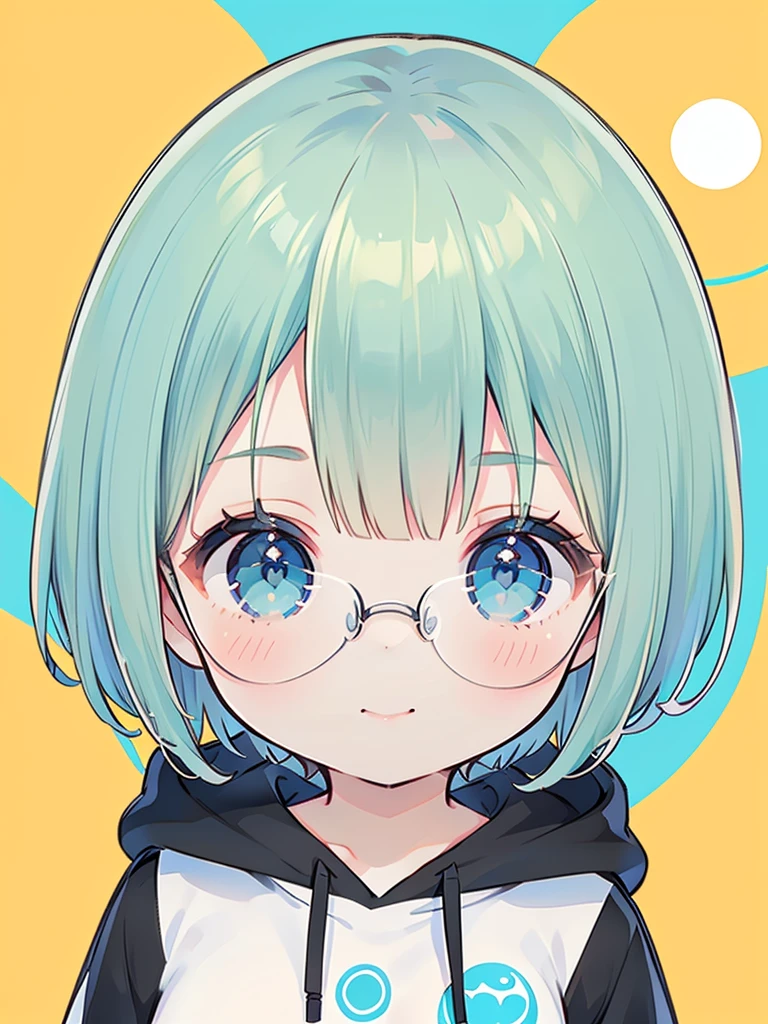 , smile, (Very small breasts), (Deep blue eyes), (Light blonde hair, short hair),Short Mash Hair、Short Hair、Blonde Hair Color、Turquoise Eyes、White hoodie、Glasses、Black hot pants、Black sneakers、, Esbian all over, masterpiece, super high quality。