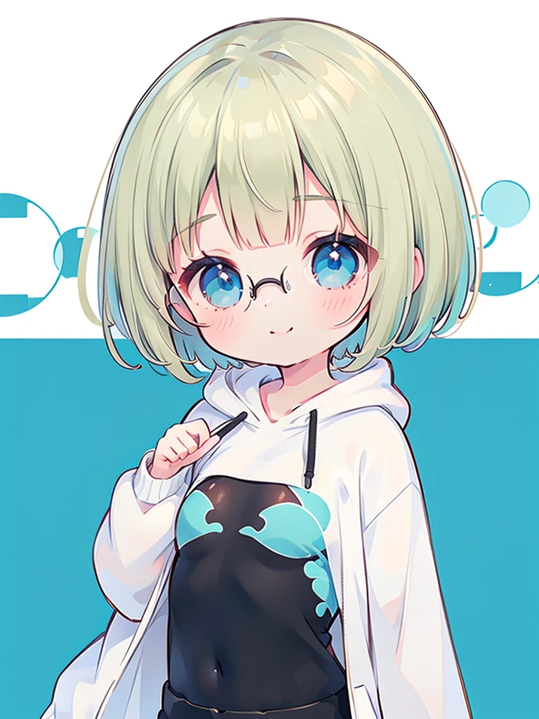 , smile, (Very small breasts), (Deep blue eyes), (Light blonde hair, short hair),Short Mash Hair、Short Hair、Blonde Hair Color、Turquoise Eyes、White hoodie、Glasses、Black hot pants、Black sneakers、, Esbian all over, masterpiece, super high quality。