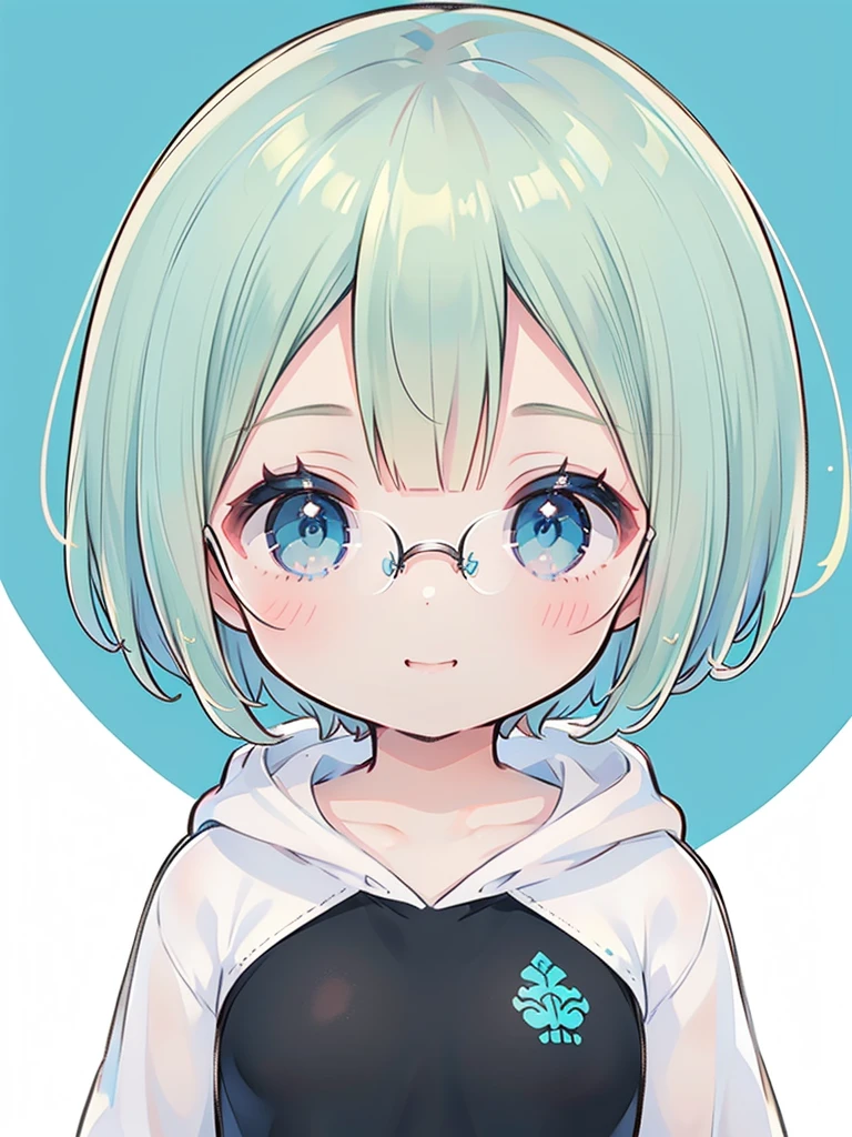 , smile, (Very small breasts), (Deep blue eyes), (Light blonde hair, short hair),Short Mash Hair、Short Hair、Blonde Hair Color、Turquoise Eyes、White hoodie、Glasses、Black hot pants、Black sneakers、, Esbian all over, masterpiece, super high quality。