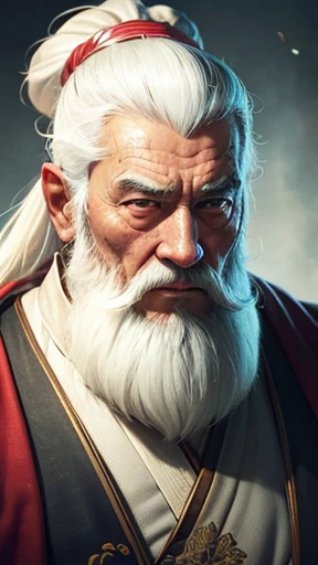 solo、Oriental、An intelligent old man using a long, thick cane、An elderly man in plain white ancient Chinese costume、Ancient Chinese hairstyle old man、Highest quality、masterpiece、Ultra-high resolution、(Realistic:1.4)、Game Poster、Crisp and beautiful image quality、White Hair、white and long beard,、Embroidered cloth wrapped around a topknot、