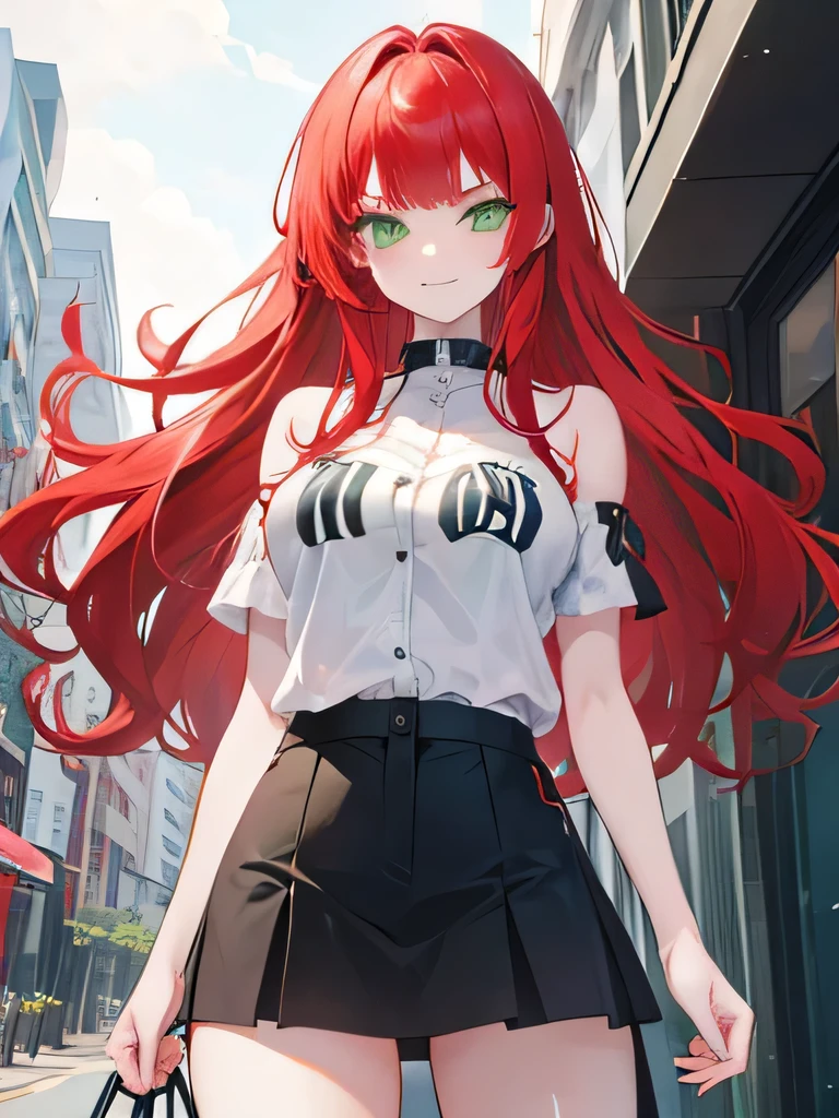 girl, green eyes, red hair and have bangs, yankee, smile arrogant smile, thug, her hair long, wavy and mess, bad girl