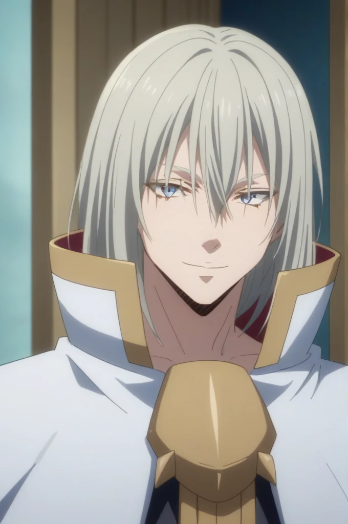 score_9, score_8_up, score_7_up, source_anime, rating_safe, intricate details, anime screencap, , , looking at viewer, , 1boy, solo, male focus, leon_cromwell, grey hair, grey eyes, long hair, hair between eyes,smile, half body photo, crossed arms, ultra detail, ultra HD, masterpiece 