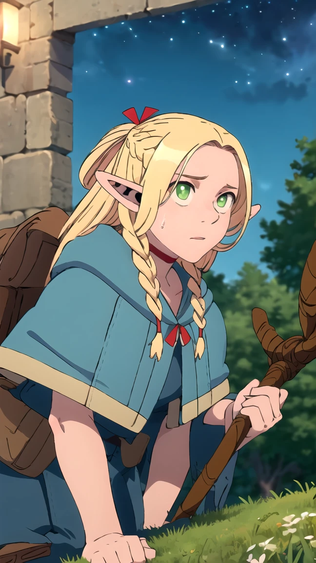 ((Best quality)), ((very detailed)), masterpiece, detailed face, Beautiful face, nude грудь, (1 girl), dynamic angle, riding, bicycle, naked, nude, erotica, kneeling, Marseille_donated_dungeonmesh, blonde hair, long hair, double braids, elf, pointed ears, green eyes, red necklace, blue cape, robe, sandals, holding staff, (on open air, On the stairs, night, night sky, stars)