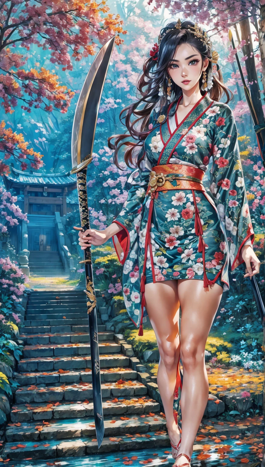 Clutching a naginata in one's right hand、Puddles at my feet、Feet are bare、The background is fresh green、moss、bamboo、The background is green、The steel of the naginata blade in his right hand shines black.、The background is early summer、The skin on the legs is exposed