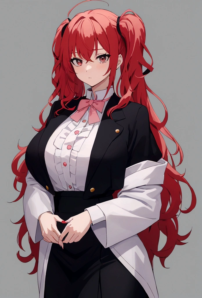 green eyes, red hair with long bangs, noble, mafia. sadistic women, wavy long hair. weaving black purple uniform. strong woman