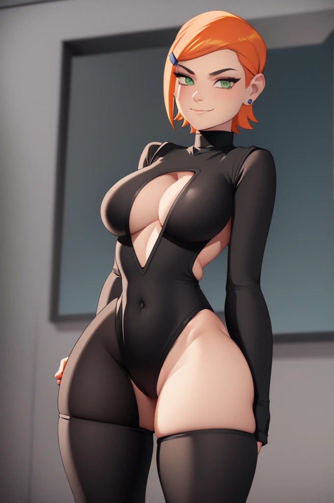 thick_thighs, wide_hips, gwen_tennyson, large_chest, black_leotard, leotard, highcut_leotard, 1girl, thicc, big breasts, turtleneck leotard, turtleneck, wicked look in eyes, evil smile, sexy eyes