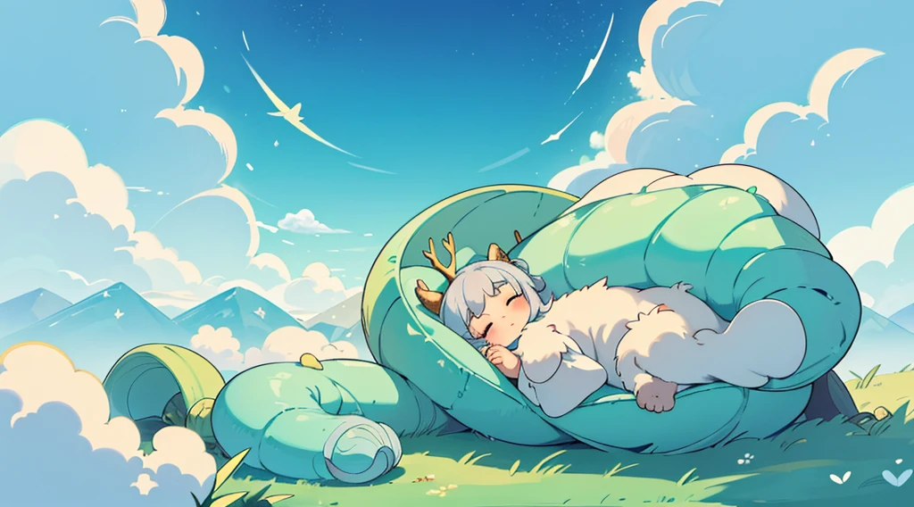 "Create a highly detailed and adorable image of a fluffy, dragon-like creature with turquoise scales and soft white fur. The creature should have small, golden antlers, long whiskers, and a gentle, sleeping expression. It should be curled up in a serene and dreamy cloudscape, with mountains faintly visible in the background. The creature's body should form a circular shape as it sleeps among the fluffy clouds. The overall atmosphere should be peaceful and ethereal, with soft, pastel colors and delicate lighting to capture a cute and magical essence."