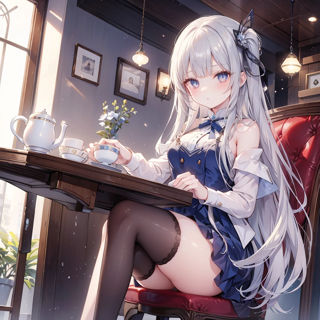 Alisa mikhailovna kujou, 1girl, Long silver hair, blue pupils, Wearing brown casual clothes, sitting on a café chair, drinking tea