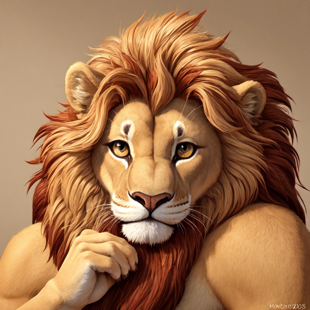 Make a picture of a cute lion's head in the middle of the circle with ribon in the bottom position that says "porbas" with a dark background