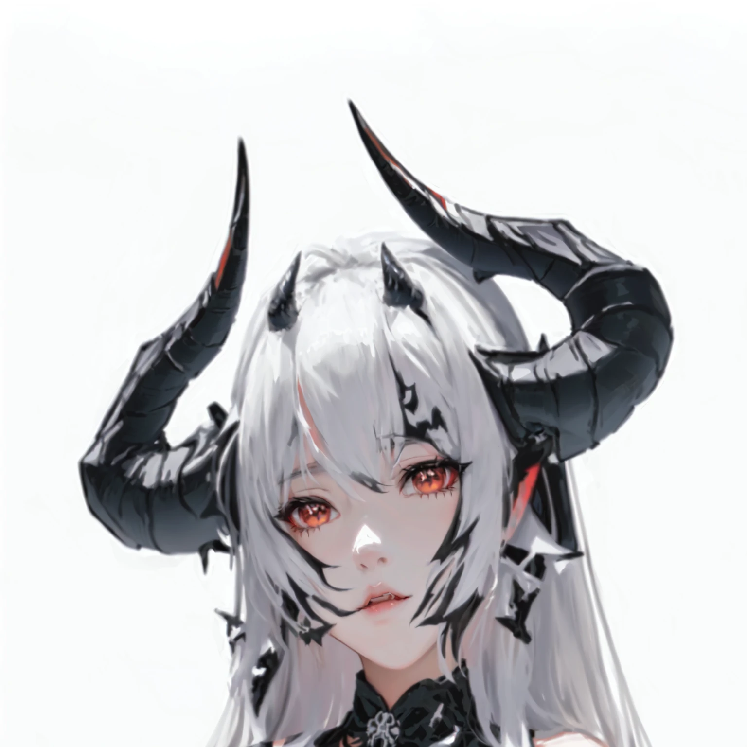 anime girl With horns and horns on her head, White Horned Queen Demon, Devil anime girl, Devil White Horn, Devil Girl, Kurai Mika Devil, With horns, From Arknights, Devil&#39;s Horns, portrait of Devil Girl, Portrait of a female devil, Horns and red eyes, Jess Mo, half - Devil&#39;s Horns, Devil&#39;s Hornss